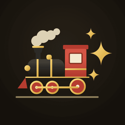 DevXpress logo, a red and black steam train