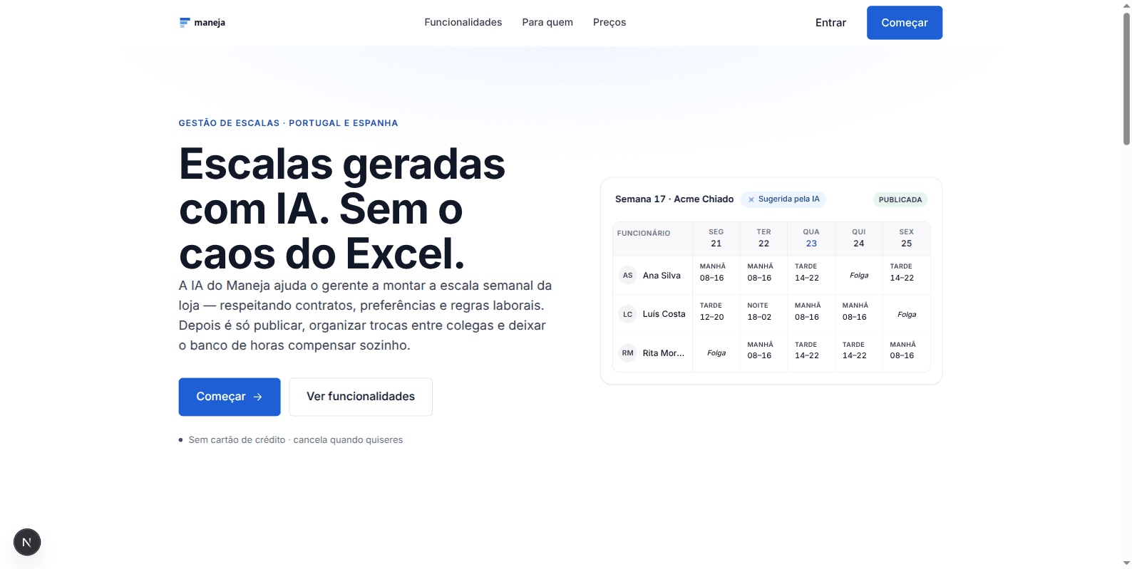 Maneja home page with a weekly schedule suggested by AI